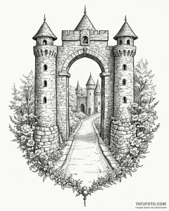 Tattoo sketch a fortified city gate, symboliz... - эскиз тату (№1752889021_0, 19.07.2025 01:37) — Tatufoto.com