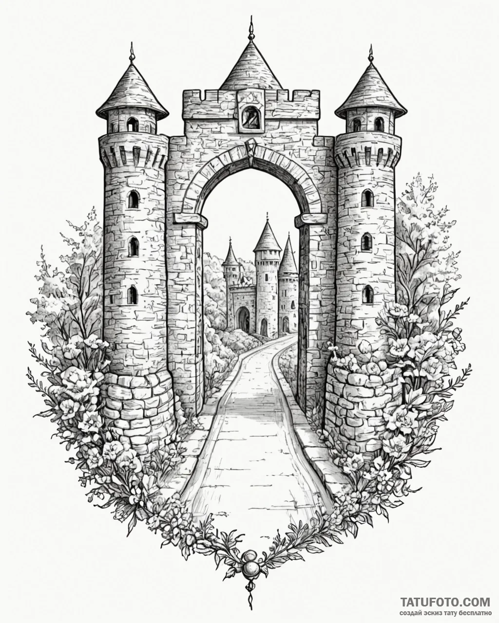 Tattoo sketch a fortified city gate, symboliz... - эскиз тату (№1752889021_0, 19.07.2025 01:37) — Tatufoto.com