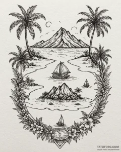 Tattoo design a tropical island with palm tre... - эскиз тату (№1752889187_0, 19.07.2025 01:39) — Tatufoto.com