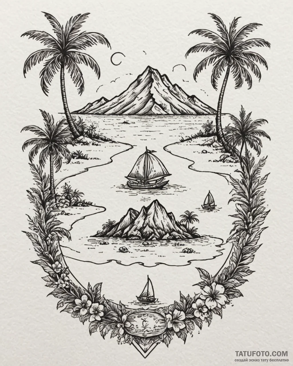 Tattoo design a tropical island with palm tre… — эскиз тату (№1752889187_0, 19.07.2025 01:39) — Tatufoto.com