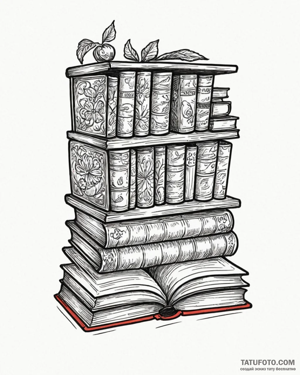 Tattoo sketch a bookshelf filled with cherish… — эскиз тату (№1752889270_0, 19.07.2025 01:41) — Tatufoto.com