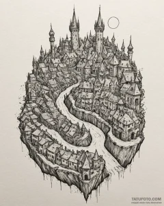 A watercolor sketch of the city of piltover v... - эскиз тату (№1752891844_0, 19.07.2025 02:24) — Tatufoto.com