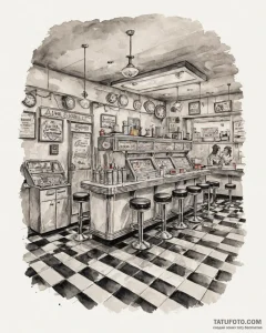 A photo of a bustling 1950s american diner wi... - эскиз тату (№1752891927_0, 19.07.2025 02:25) — Tatufoto.com