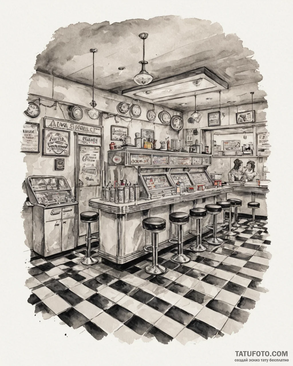 A photo of a bustling 1950s american diner wi… — эскиз тату (№1752891927_0, 19.07.2025 02:25) — Tatufoto.com