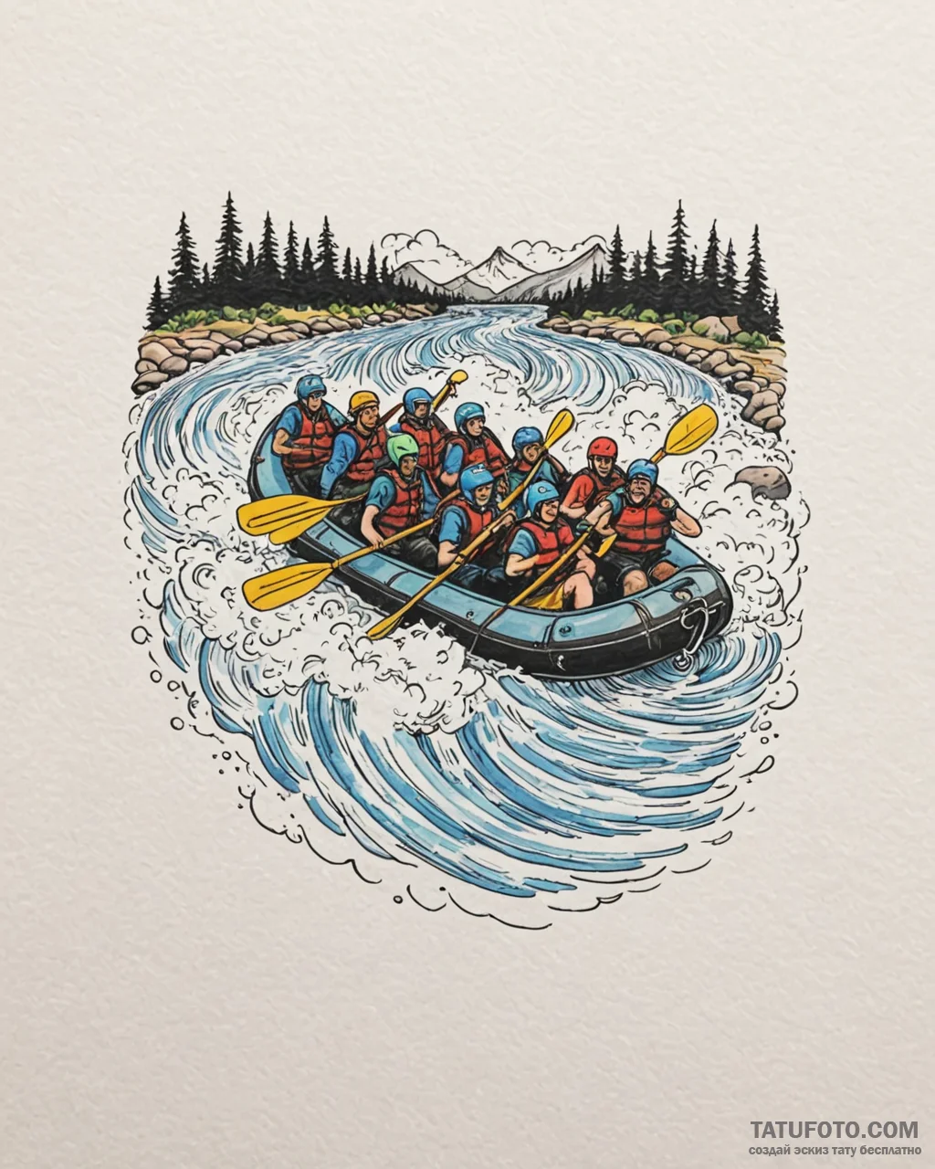 A person white water rafting down a turbulent… — эскиз тату (№1752892423_0, 19.07.2025 02:33) — Tatufoto.com
