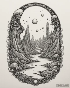 Tattoo sketch an alien landscape with strange... - эскиз тату (№1752892674_0, 19.07.2025 02:37) — Tatufoto.com