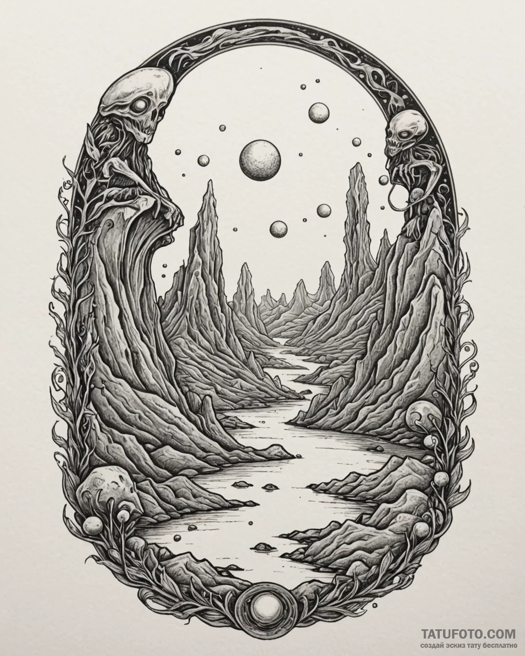 Tattoo sketch an alien landscape with strange… — эскиз тату (№1752892674_0, 19.07.2025 02:37) — Tatufoto.com