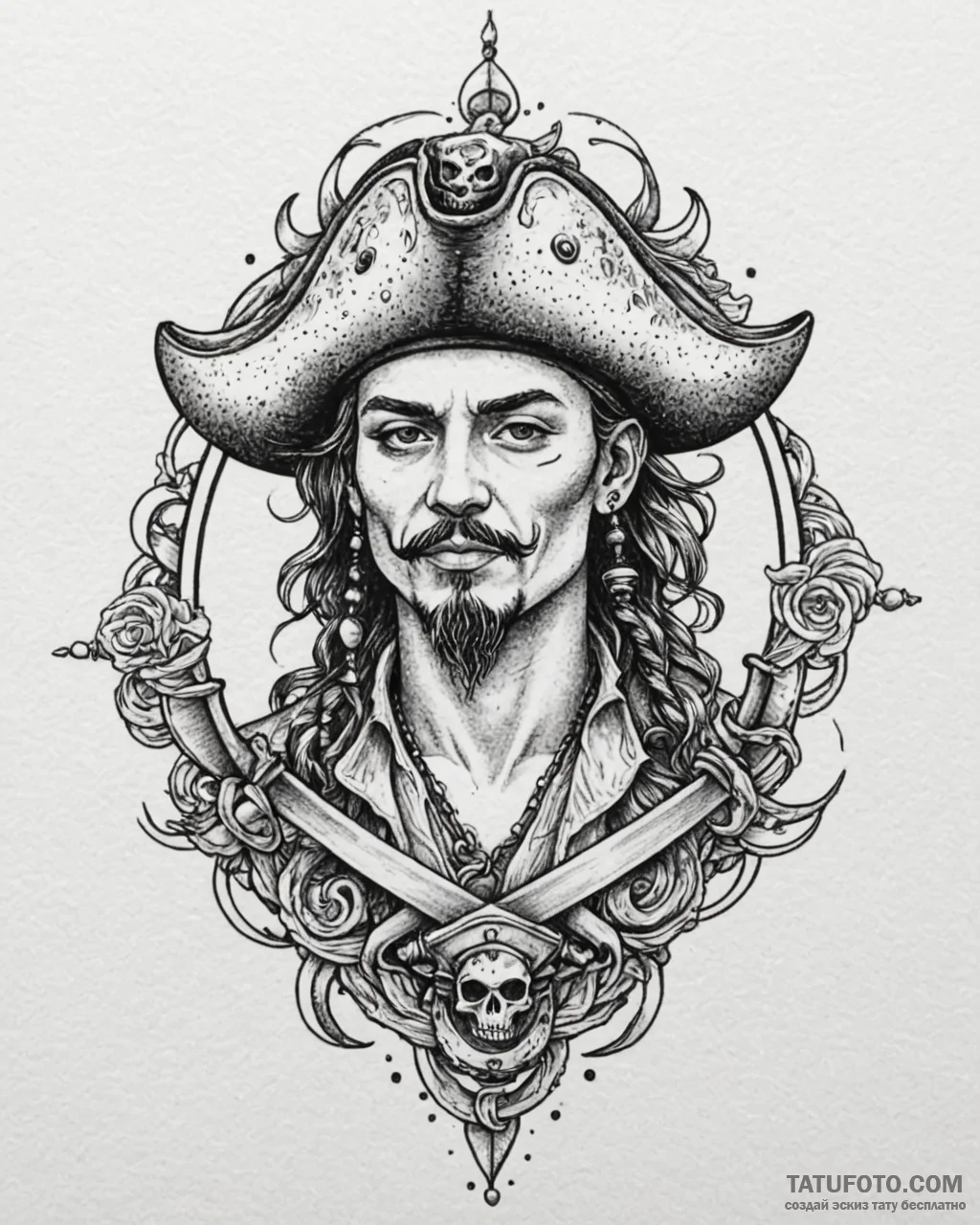 Pirate, tattoo line art, black outline only,... - эскиз тату (№1752895837_0, 19.07.2025 03:30) — Tatufoto.com