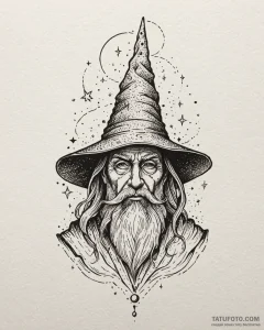 Tattoo sketch a wise old wizard's hat with gl... - эскиз тату (№1752896252_0, 19.07.2025 03:37) — Tatufoto.com