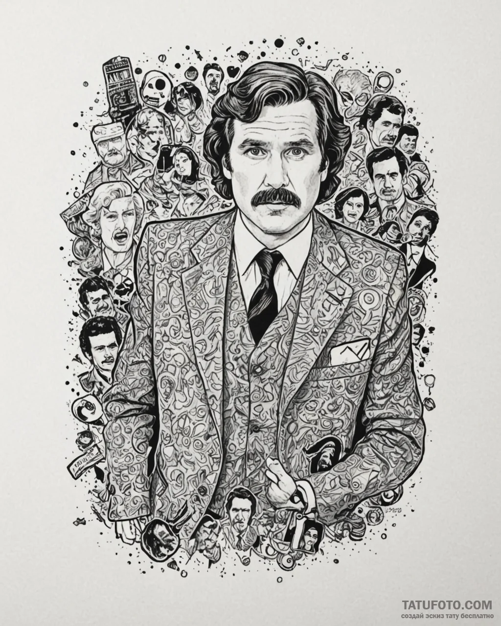 A graphic novel portrait of ron burgundy from… — эскиз тату (№1752896499_0, 19.07.2025 03:41) — Tatufoto.com