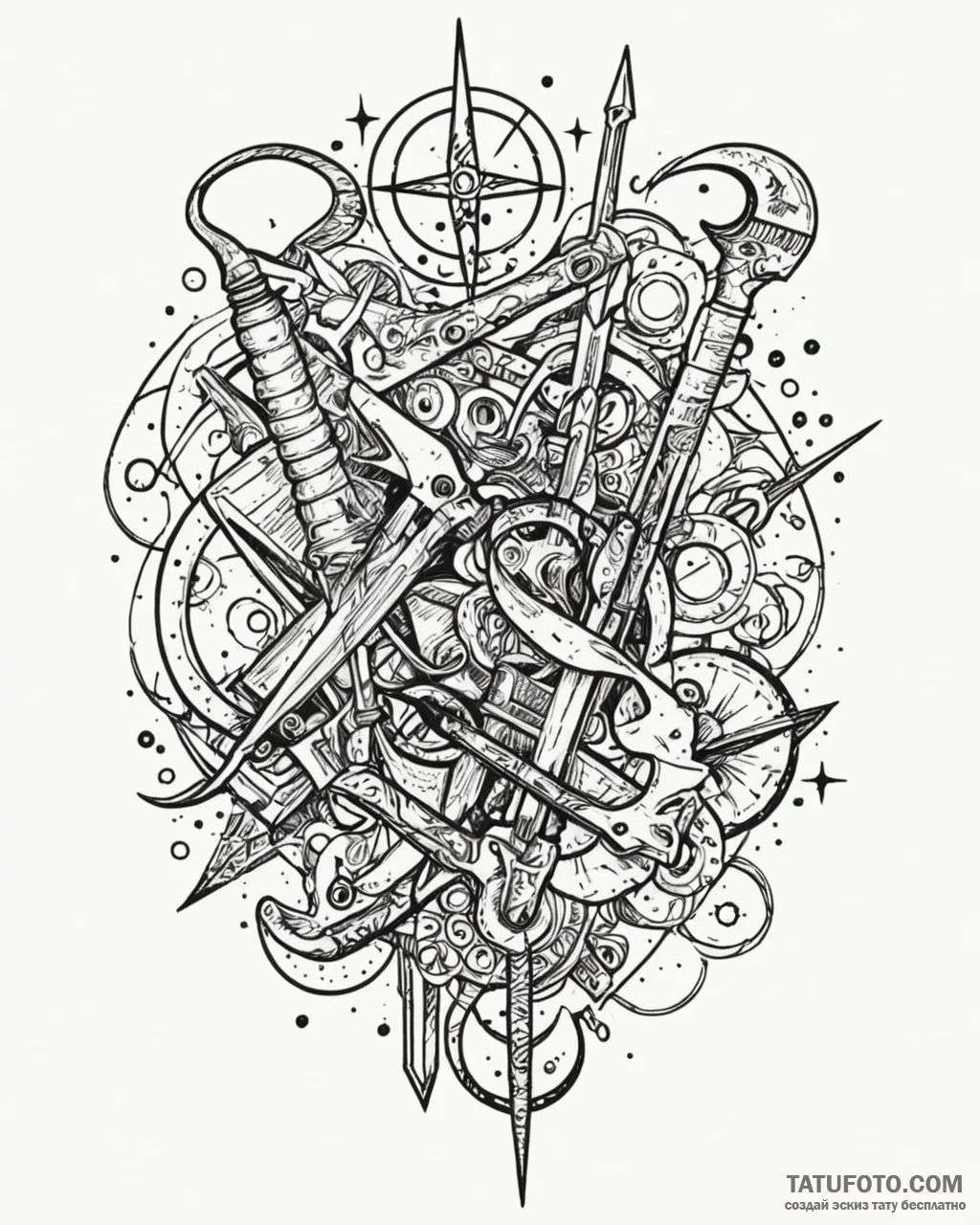 Tattoo sketch: a celestial blacksmith's tools... - эскиз тату (№1752897164_0, 19.07.2025 03:52) — Tatufoto.com