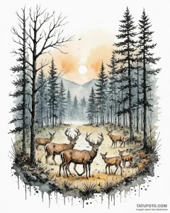 A small herd of deer grazing in a forest clea... - эскиз тату (№1752897661_0, 19.07.2025 04:01) — Tatufoto.com