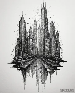 Tattoo design a futuristic city skyscraper wi... - эскиз тату (№1752898240_0, 19.07.2025 04:10) — Tatufoto.com