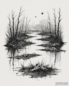 A watercolor landscape of the dead marshes, w... - эскиз тату (№1752898902_0, 19.07.2025 04:21) — Tatufoto.com
