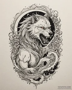 A trash polka tattoo of the wolf man, mid-tra... - эскиз тату (№1752899067_0, 19.07.2025 04:24) — Tatufoto.com