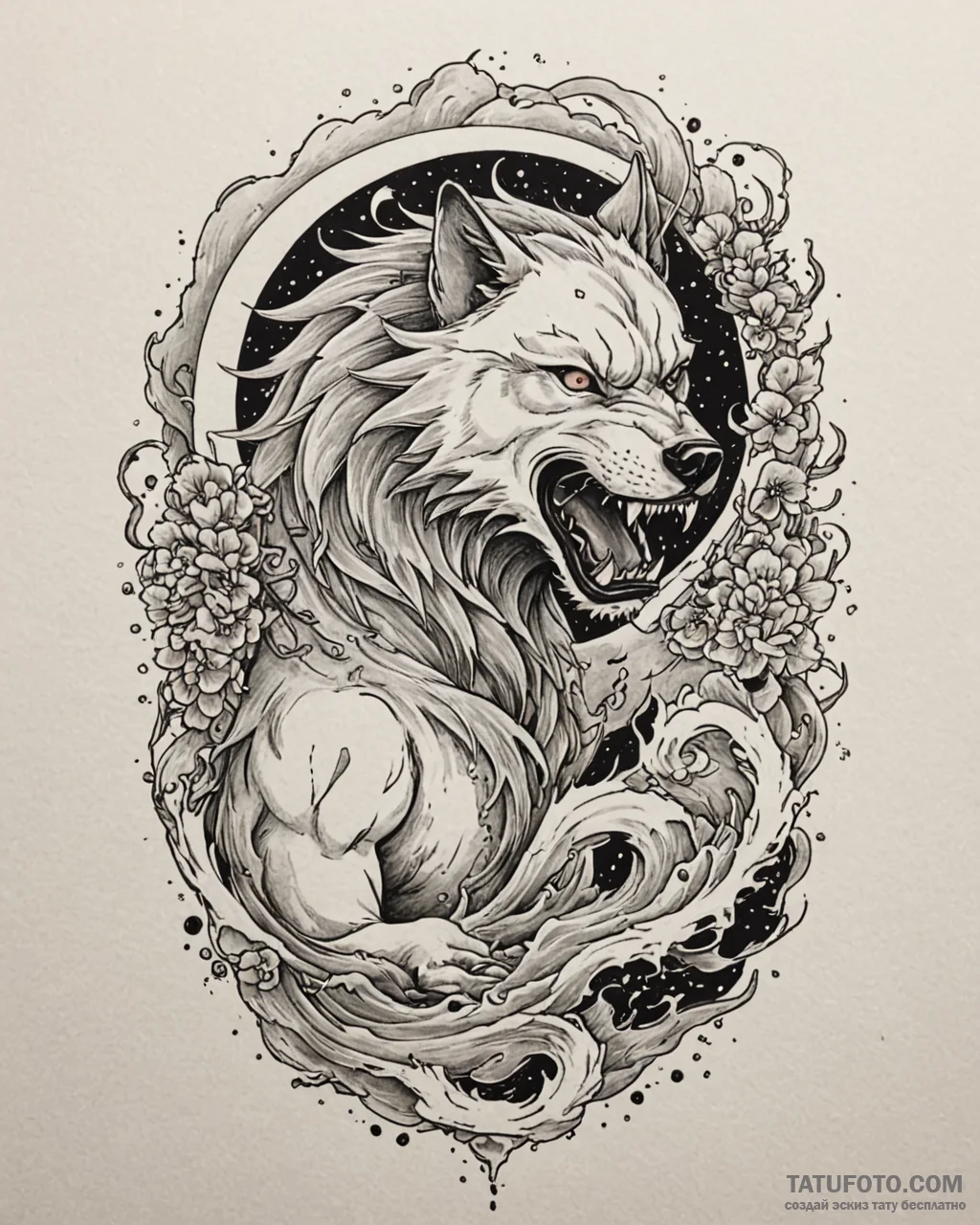 A trash polka tattoo of the wolf man, mid-tra... - эскиз тату (№1752899067_0, 19.07.2025 04:24) — Tatufoto.com