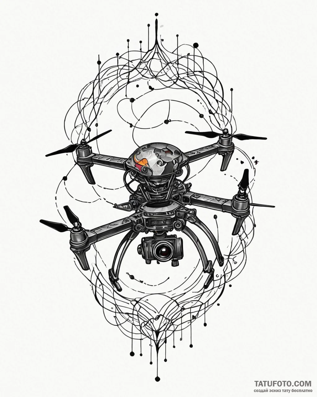 Tattoo sketch a stylized drone silhouette wit... - эскиз тату (№1752900475_0, 19.07.2025 04:47) — Tatufoto.com