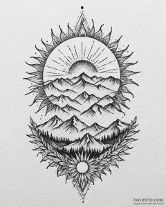 Tattoo sketch a sun rising over a mountain ra... - эскиз тату (№1752902460_0, 19.07.2025 05:21) — Tatufoto.com