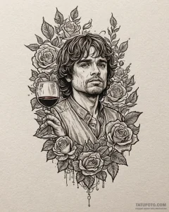 A sketch of tyrion lannister with a glass of... - эскиз тату (№1752902542_0, 19.07.2025 05:22) — Tatufoto.com