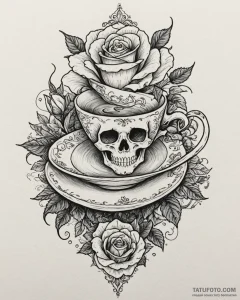 A graphic novel panel of the "teacup" scene f... - эскиз тату (№1752903779_0, 19.07.2025 05:42) — Tatufoto.com