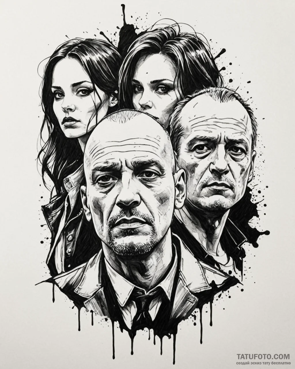 A trash polka portrait of the main characters… — эскиз тату (№1752904688_0, 19.07.2025 05:58) — Tatufoto.com