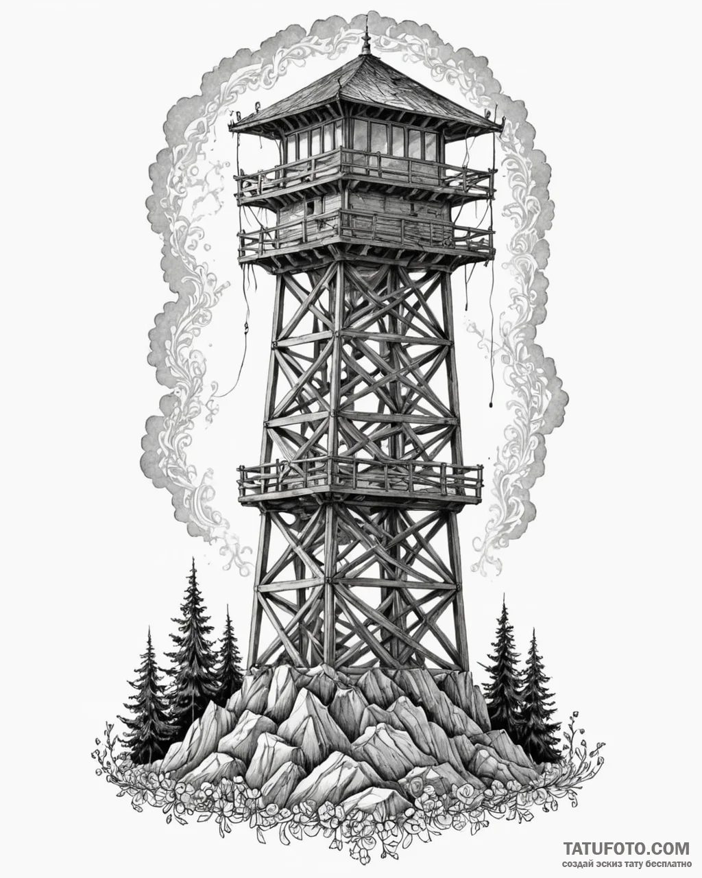 Tattoo sketch a stylized watchtower standing... - эскиз тату (№1752905268_0, 19.07.2025 06:07) — Tatufoto.com