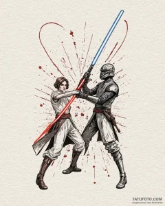 A minimalist tattoo of the lightsaber duel on... - эскиз тату (№1752907092_0, 19.07.2025 06:38) — Tatufoto.com