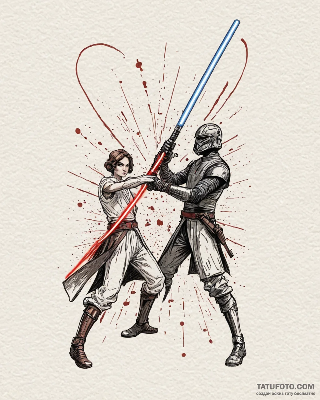 A minimalist tattoo of the lightsaber duel on... - эскиз тату (№1752907092_0, 19.07.2025 06:38) — Tatufoto.com
