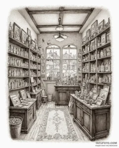 The interior of a small, cluttered antique sh... - эскиз тату (№1752907174_0, 19.07.2025 06:39) — Tatufoto.com