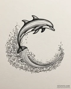 Tattoo design a graceful dolphin, leaping fro... - эскиз тату (№1752907257_0, 19.07.2025 06:40) — Tatufoto.com