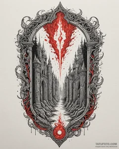 A graphic novel panel of the gate to the upsi... - эскиз тату (№1752907751_0, 19.07.2025 06:49) — Tatufoto.com