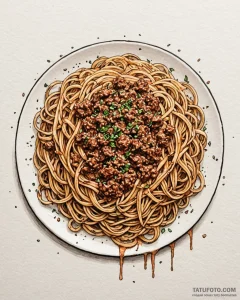 A messy, half-eaten plate of spaghetti bologn... - эскиз тату (№1752908412_0, 19.07.2025 07:00) — Tatufoto.com