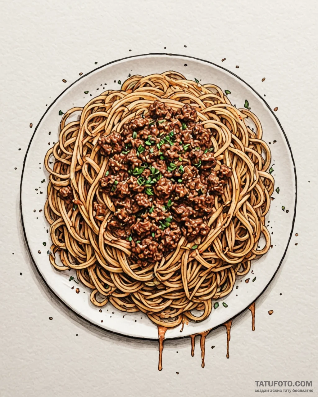 A messy, half-eaten plate of spaghetti bologn... - эскиз тату (№1752908412_0, 19.07.2025 07:00) — Tatufoto.com