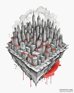 A watercolor sketch of the folded city scene... - эскиз тату (№1752908578_0, 19.07.2025 07:02) — Tatufoto.com