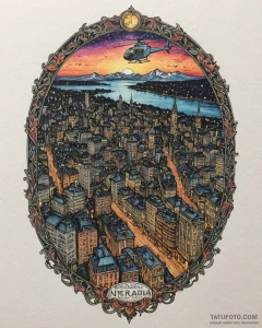 The view of a city at night from a helicopter... - эскиз тату (№1752909156_0, 19.07.2025 07:12) — Tatufoto.com