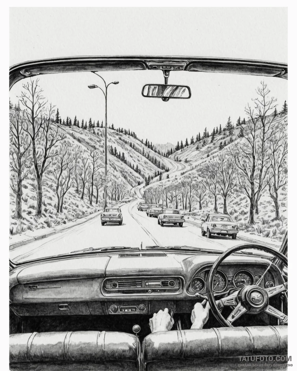 The view from inside a car at a drive-in movi... - эскиз тату (№1752909407_0, 19.07.2025 07:16) — Tatufoto.com