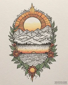 Tattoo sketch a sunrise and sunset over a sha... - эскиз тату (№1752909824_0, 19.07.2025 07:23) — Tatufoto.com