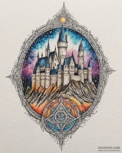 A watercolor sketch of hogwarts castle at nig... - эскиз тату (№1752910489_0, 19.07.2025 07:34) — Tatufoto.com