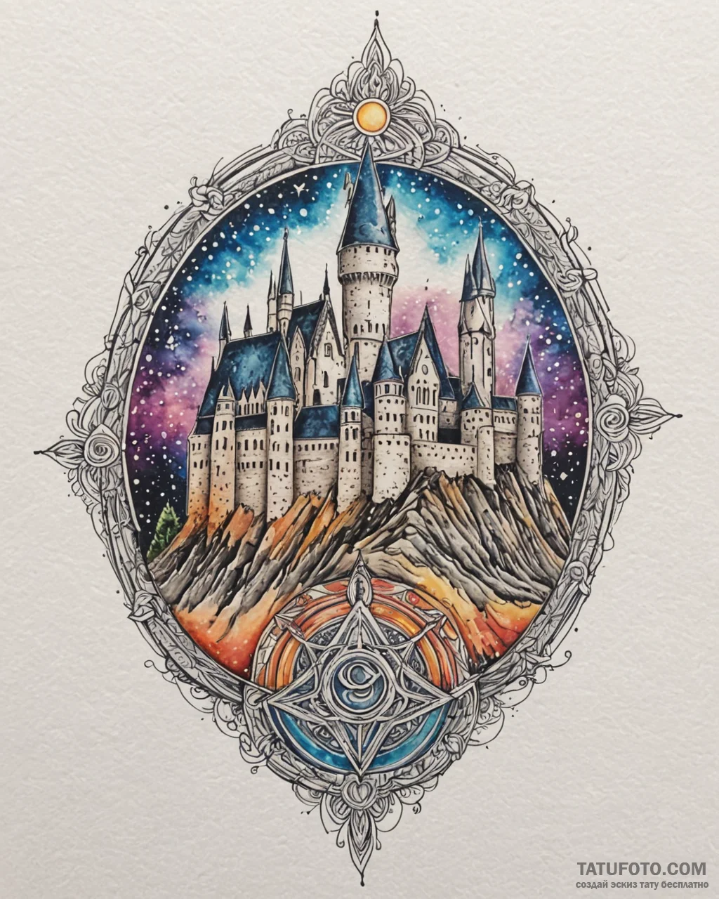 A watercolor sketch of hogwarts castle at nig... - эскиз тату (№1752910489_0, 19.07.2025 07:34) — Tatufoto.com