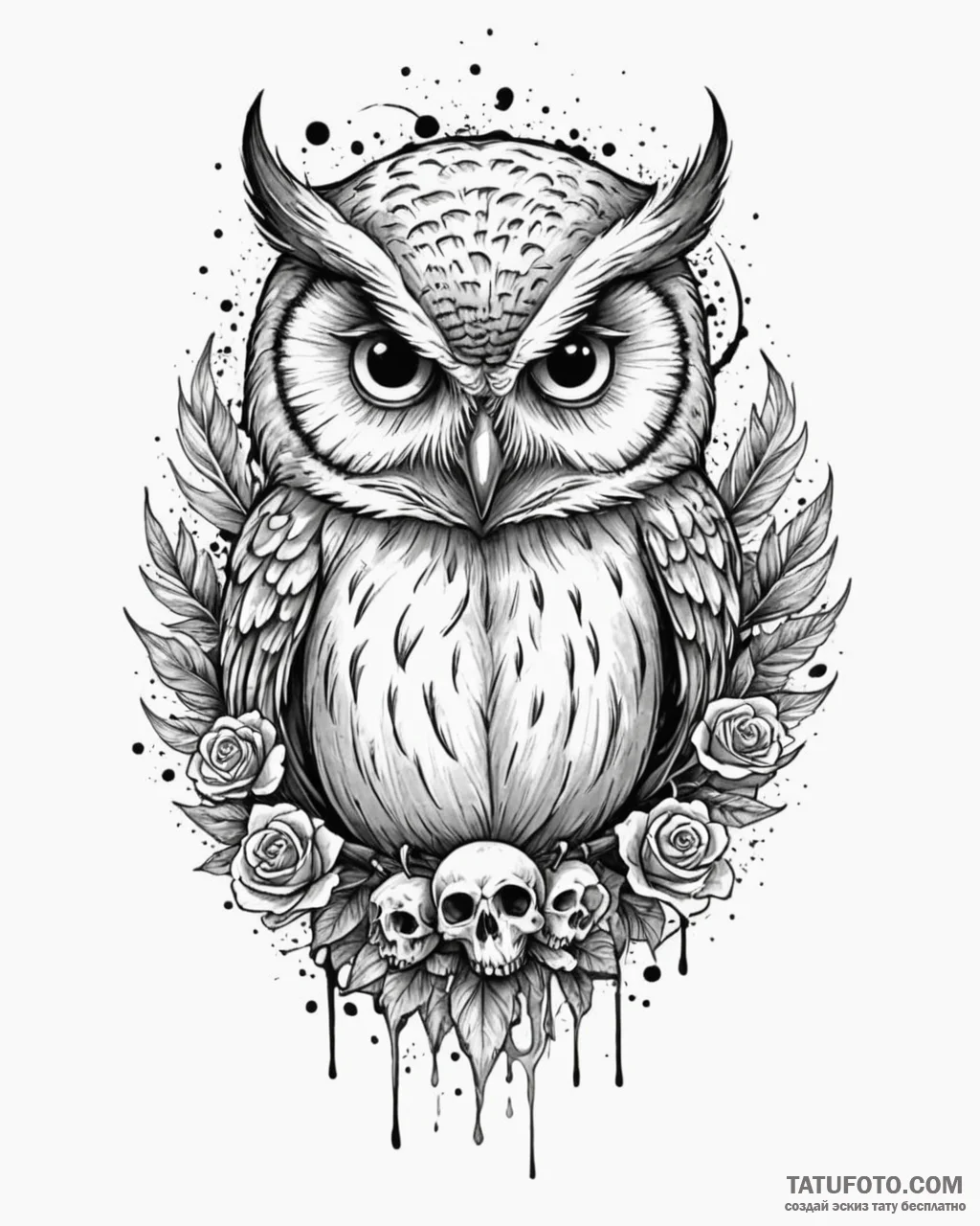 Owl with skull, tattoo flash sheet design, bl... - эскиз тату (№1752912392_0, 19.07.2025 08:06) — Tatufoto.com