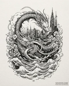 Tattoo sketch a futuristic cityscape at night... - эскиз тату (№1752912556_0, 19.07.2025 08:09) — Tatufoto.com