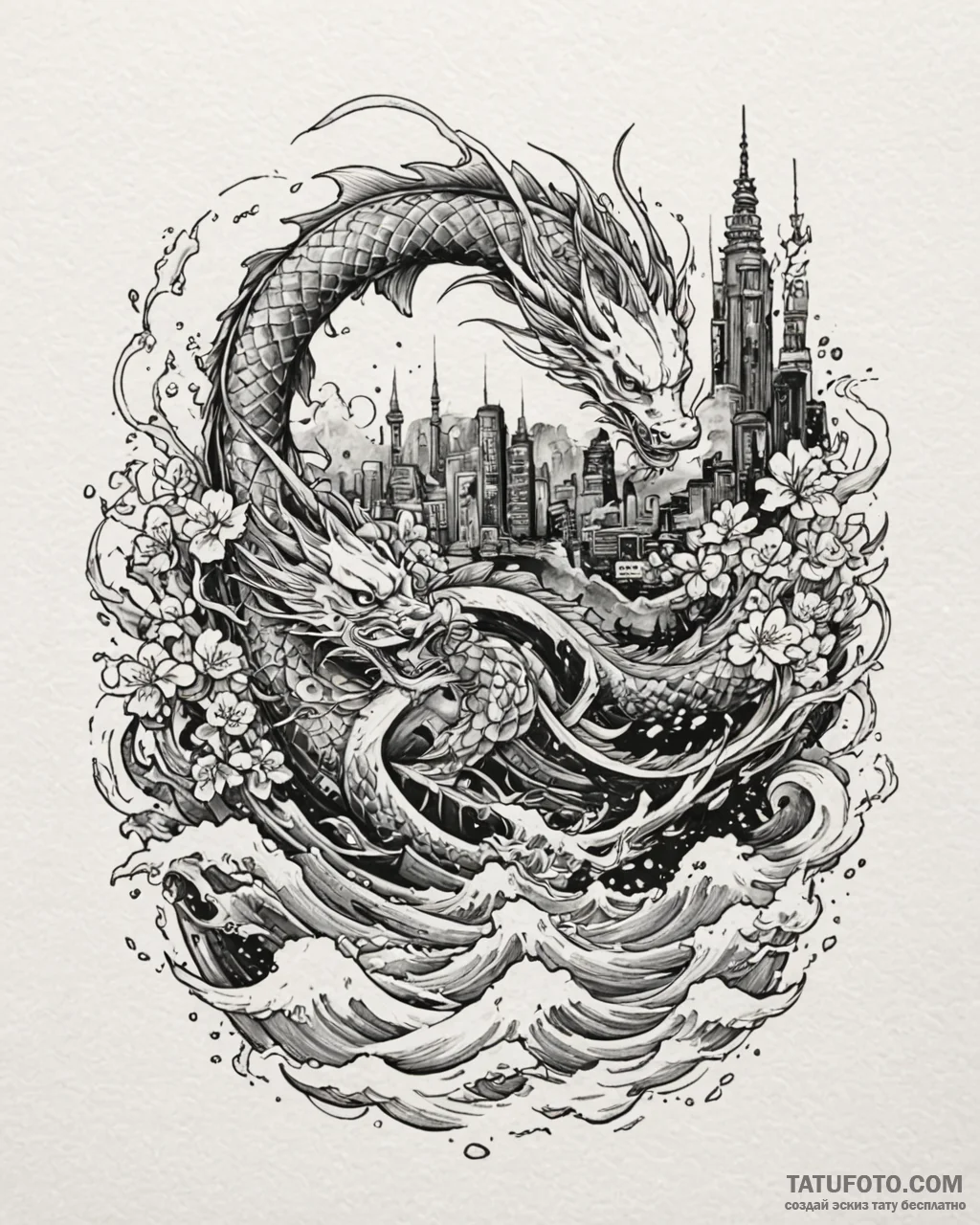 Tattoo sketch a futuristic cityscape at night... - эскиз тату (№1752912556_0, 19.07.2025 08:09) — Tatufoto.com