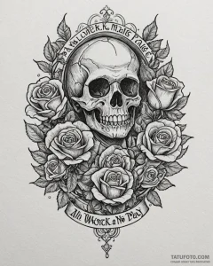 A chicano lettering tattoo of "all work and n... - эскиз тату (№1752913875_0, 19.07.2025 08:31) — Tatufoto.com