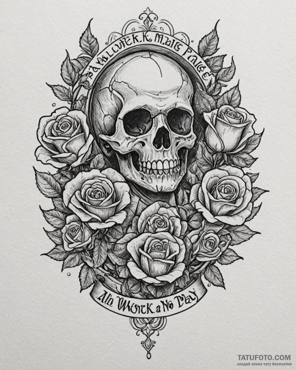 A chicano lettering tattoo of "all work and n... - эскиз тату (№1752913875_0, 19.07.2025 08:31) — Tatufoto.com