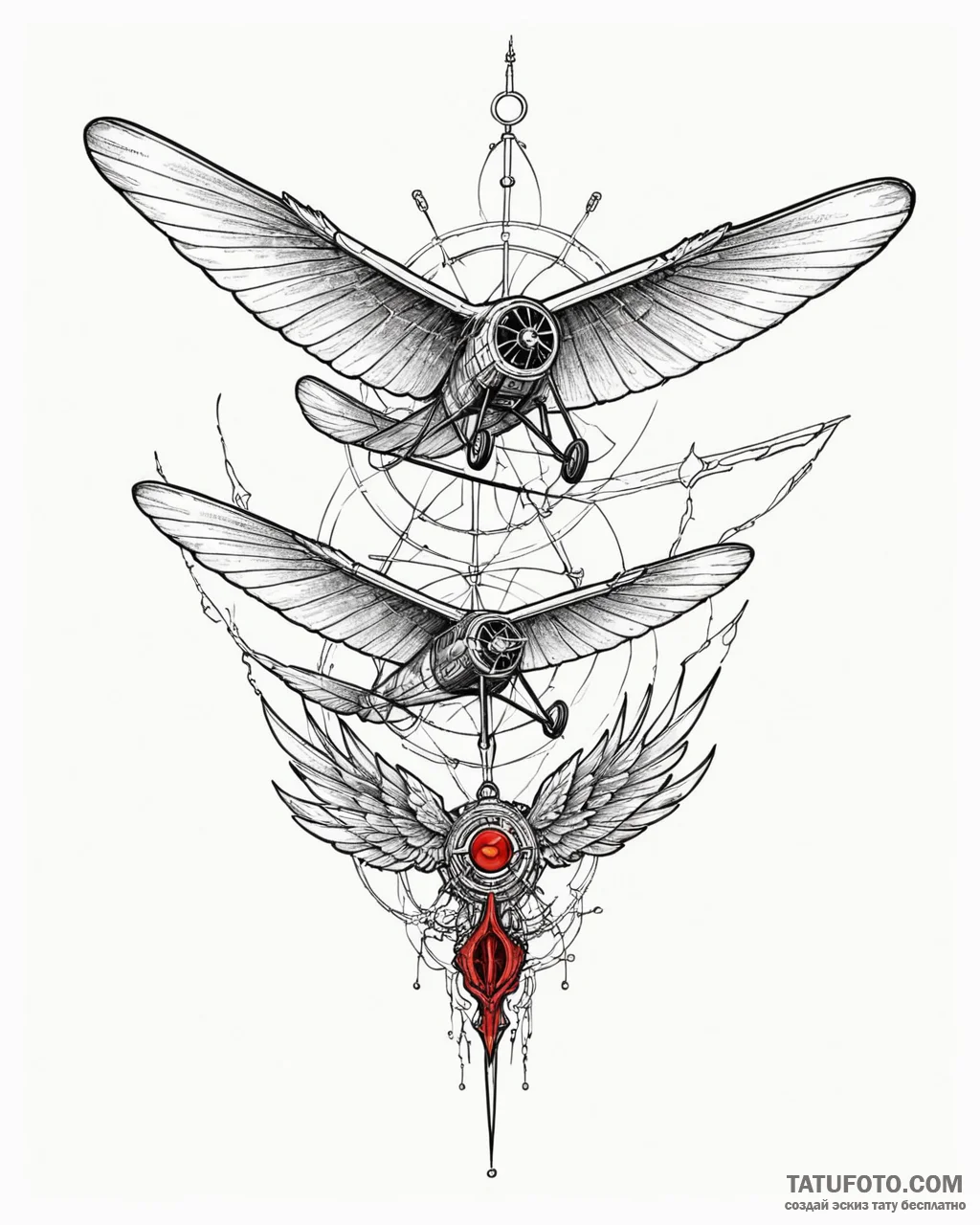A linework tattoo of an ornithopter, detailed... - эскиз тату (№1752914041_0, 19.07.2025 08:34) — Tatufoto.com