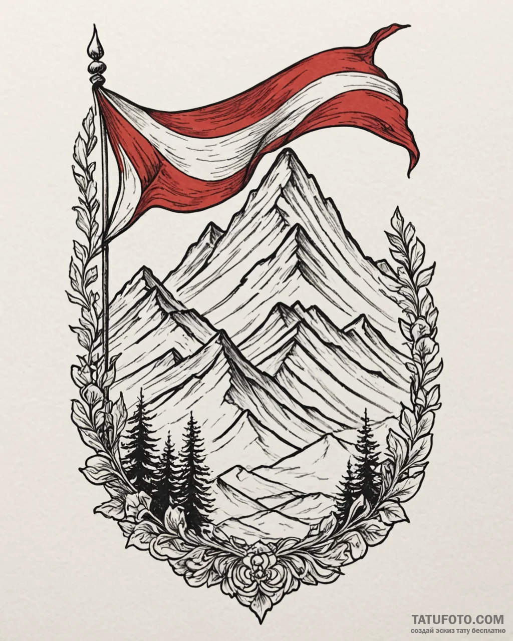 Tattoo sketch a triumphant flag waving on a d... - эскиз тату (№1752914205_0, 19.07.2025 08:36) — Tatufoto.com