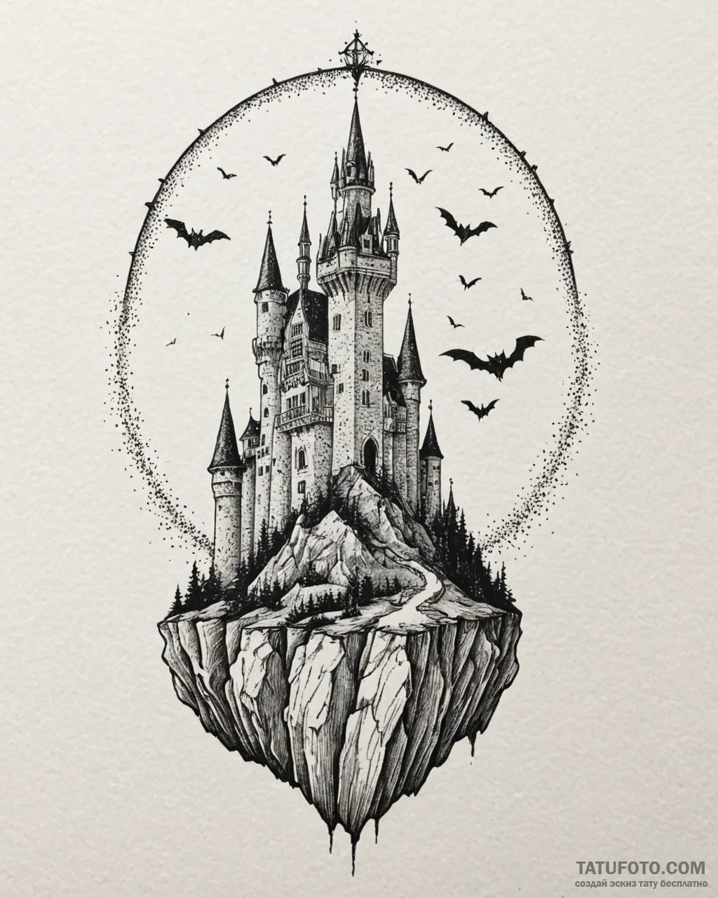 A sketch of a gothic castle on a cliff, dracu… — эскиз тату (№1752915540_0, 19.07.2025 08:59) — Tatufoto.com