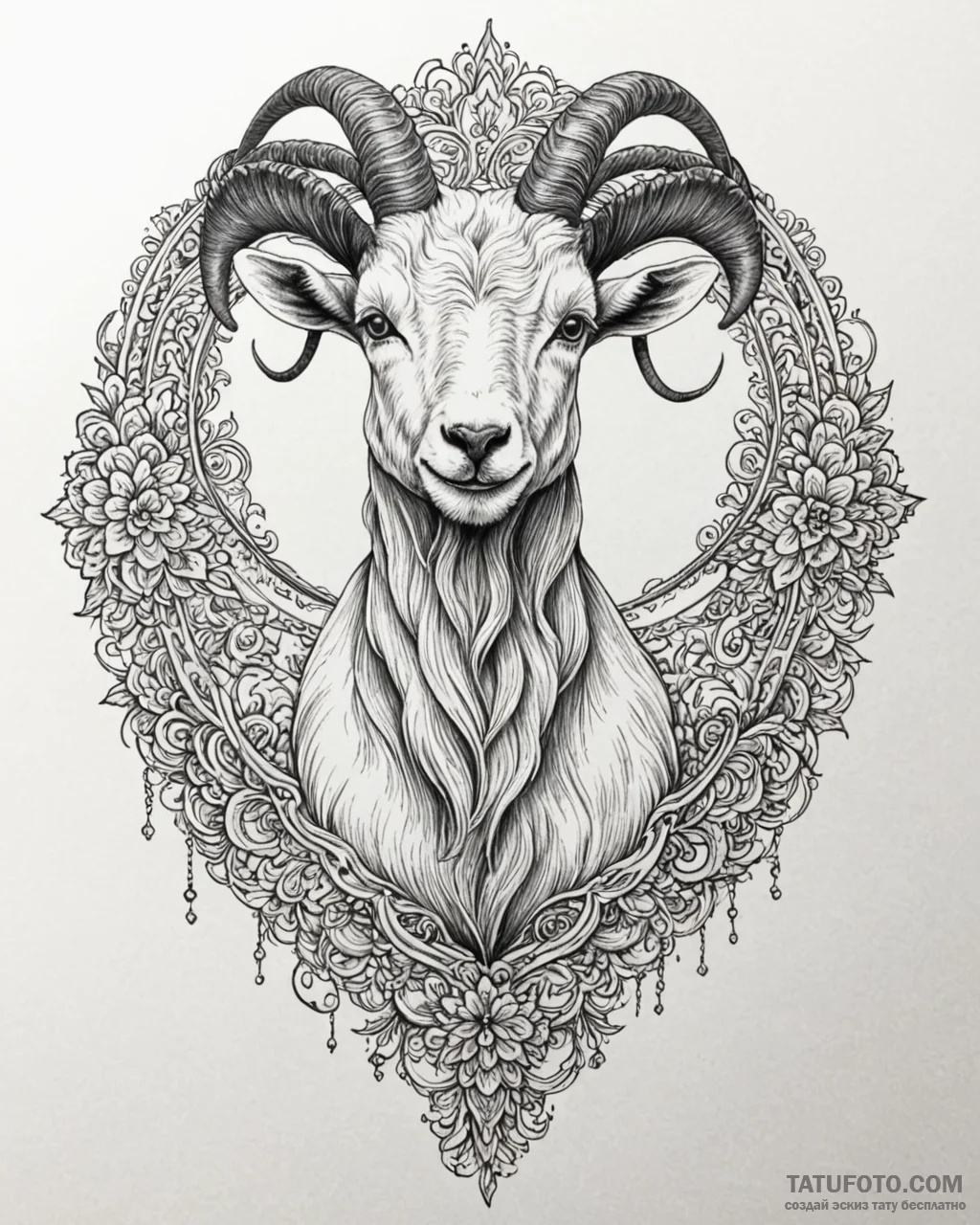 Goat, tattoo drawing outline, black and white... - эскиз тату (№1752916615_0, 19.07.2025 09:16) — Tatufoto.com