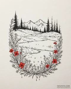 Tattoo design: a landscape of a serene meadow... - эскиз тату (№1752917030_0, 19.07.2025 09:23) — Tatufoto.com