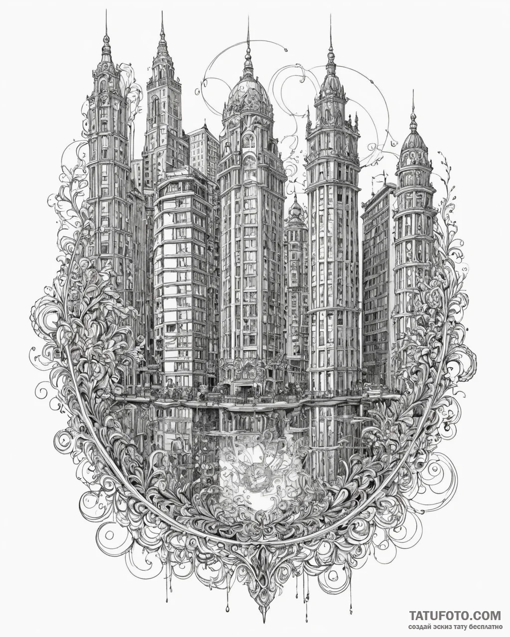 Reflections of a city skyline in the glass fa... - эскиз тату (№1752918520_0, 19.07.2025 09:48) — Tatufoto.com